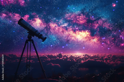 A telescope pointed towards the night sky, revealing distant galaxies and stars. Concept of astronomical observation. Generative Ai.