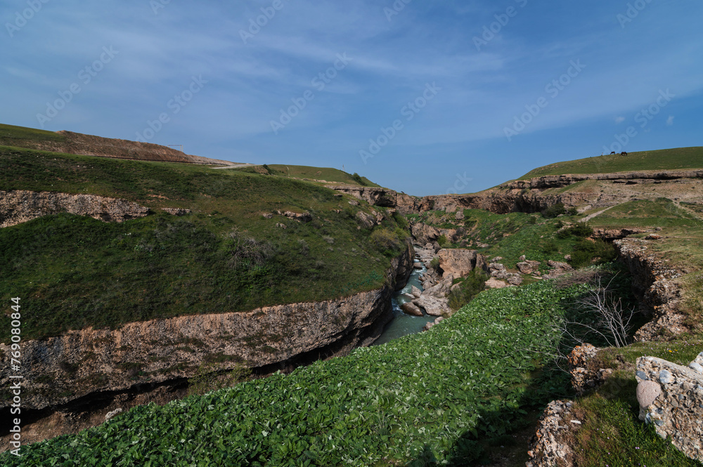 Panoramic view of the Aksu River canyon in Kazakhstan in spring