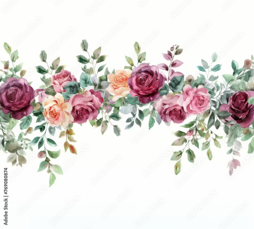 Watercolor floral garland of burgundy and pink roses with greenery in neutral colors isolated on a white background, clipart style with margins, as a full page design with a vintage, cottagecore style - obrazy, fototapety, plakaty 