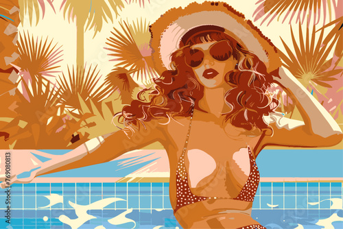 Fashionable woman in a sunhat lounging by the pool, embodying summer luxury.