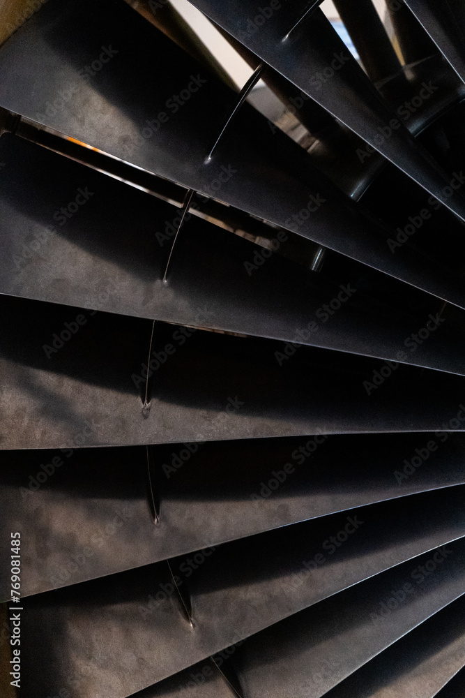 Obraz premium Metal blades. Aircraft turbine detail. Engine plane.