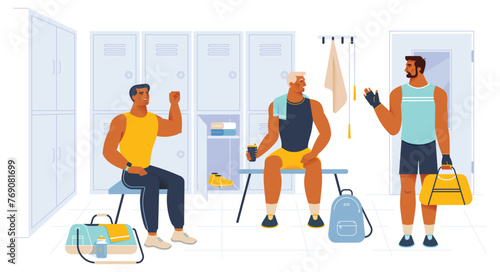 Young cheerful sportsmen in male locker room after gym training. Male athletes change clothes after workout. Flat vector illustration