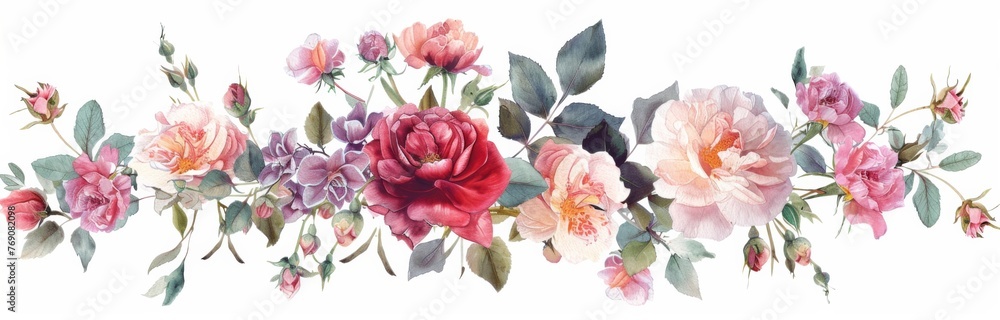 Horizontal garland of pink and red roses, pale green leaves, purple flowers, pink peonies, light yellow daisies, isolated on a white background, watercolor clipart style. Horizontal garland of pink and red roses, pale green leaves, purple flowers, pink peonies, light yellow daisies, isolated on a white background, watercolor clipart style.