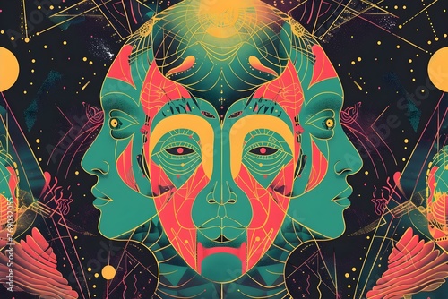 Exploring Otherworldly Dimensions: A Psychedelic Image of Geometric Creatures. Concept Surreal Artistry, Galactic Portraits, Abstract Dimensions, Otherworldly Creatures, Psychedelic Imagery photo