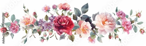 Horizontal garland of pink and red roses  pale green leaves  purple flowers  pink peonies  light yellow daisies  isolated on a white background  watercolor clipart style. 