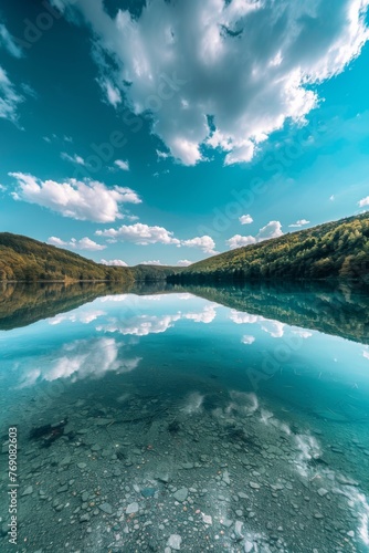 Mountainous lake reflecting blue sky and clouds in the water