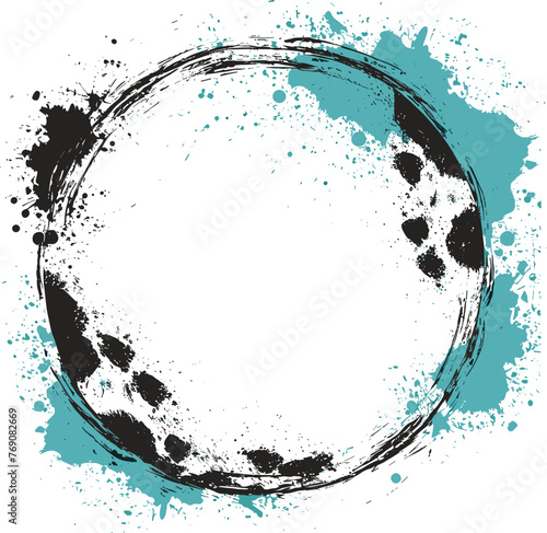cow fur print circle border frame with turquoise splash paint comic illustration isolated on white background