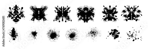 Ink blot psychology test set, vector symmetric paint splash spot, acrylic abstract dripped shapes. Mental exam imagination element, graffiti splatter liquid stain on white. Ink blot diagnosis design