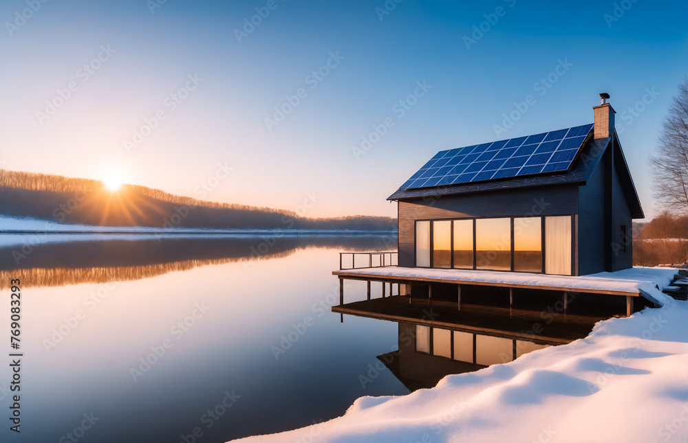 House with solar photovoltaic panels in winter landscape