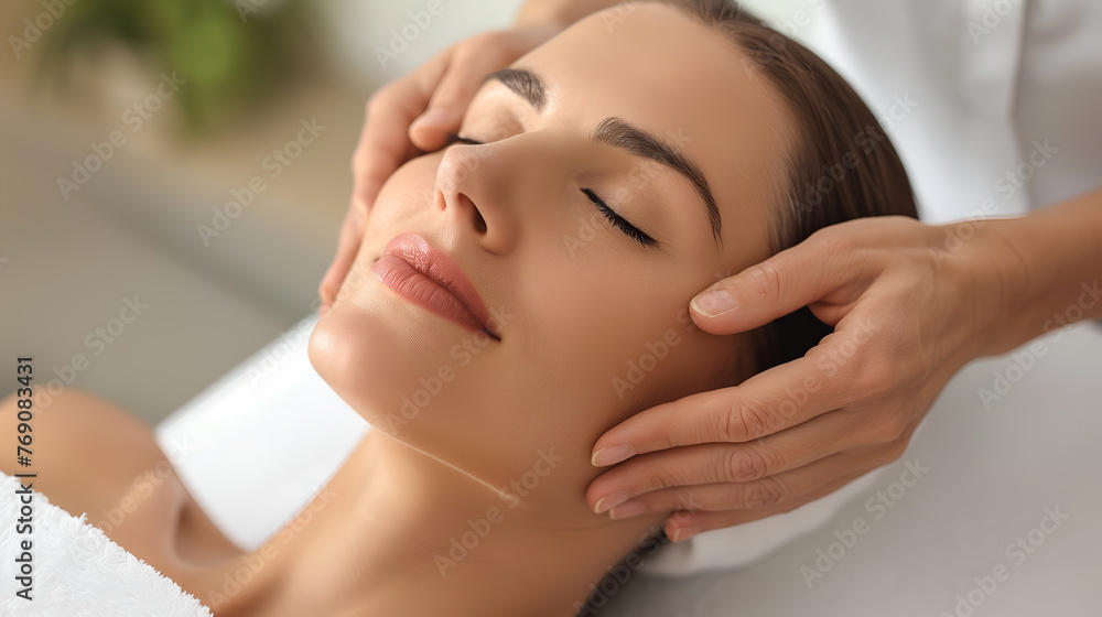 Beautiful young woman receiving face massage in spa salon, closeup Beautiful young woman receiving face massage in spa salon, closeup