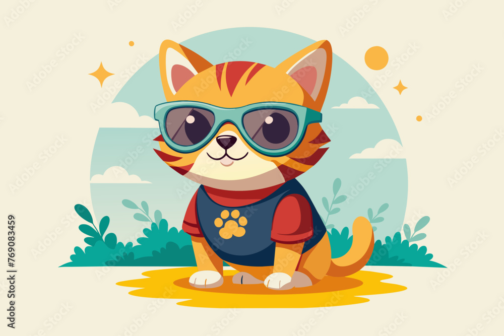 A playful and adorable vector illustration of a cat wearing oversized sunglasses and a cool t-shirt
