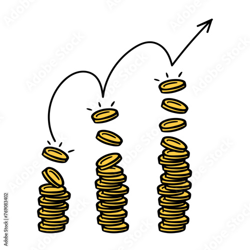 Coins stacks with arrow. Business investment growth concept. Hand drawn vector illustration isolated on white background. 