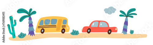 Road with car and bus. Vector flat illustration. Children style