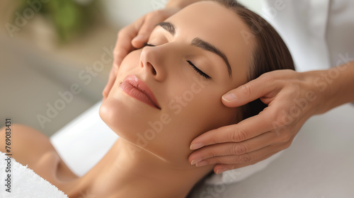 Beautiful young woman receiving face massage in spa salon  closeup