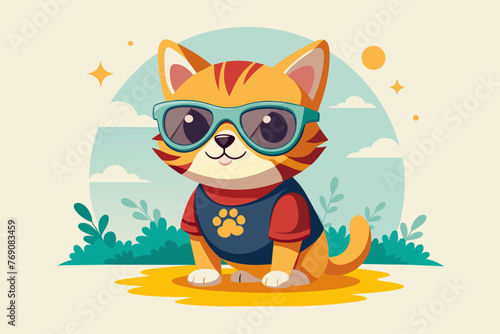 A playful and adorable vector illustration of a cat wearing oversized sunglasses and a cool t-shirt