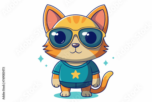 A playful and adorable vector illustration of a cat wearing oversized sunglasses and a cool t-shirt