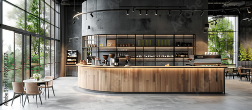 modern cozy interior design of industrial coffee shop cafe with stylish wooden round corner bar  photo