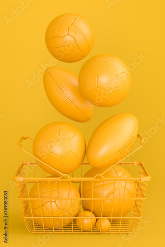 Set of ball like basketball, football and golf in shopping basket on monochrome