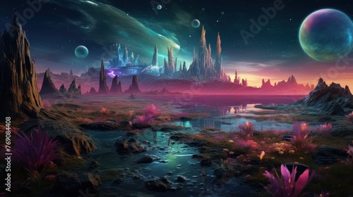 Lunar extraterrestrial scene  fantasy landscape with rocks  water and unusual flora and several satellites in the sky on an alien planet.