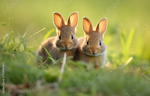 two baby hares in green summer wood grass Easter holiday card