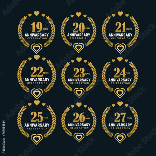 19 to 27 Years Anniversary celebrating golden color Anniversary celebration bundle vector design.