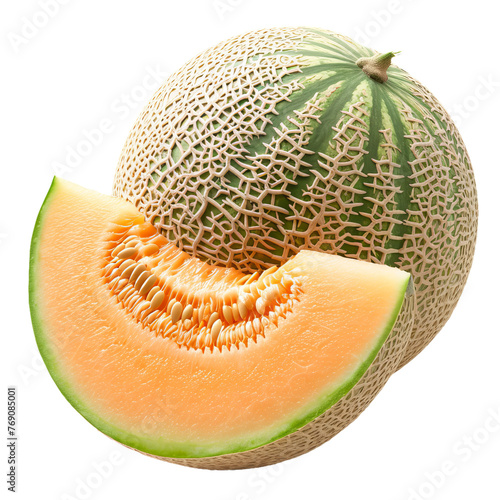 Melon isolated on white transparent background. Green Crown Musk Melon or cantaloupe isolated photo