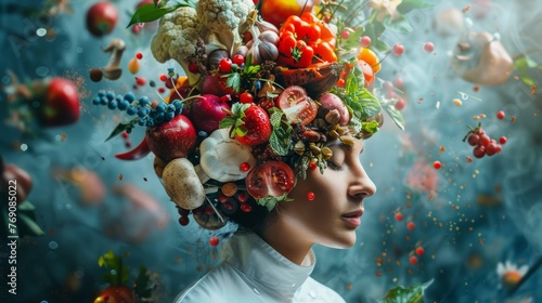 Profile of a woman with an artistic headdress made of assorted vegetables, fruits, and berries. Concepts: veganism, vegetarianism, eating disorders