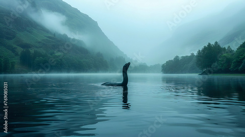 The mystical Loch Ness monster swims across the lake. photo