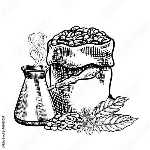 A canvas bag full of coffee beans, a coffee maker and a handful of coffee beans with leaves. Black and white vector illustration. For packaging and labels. For banners, flyers, menus and posters.