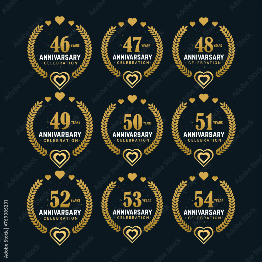 46 to 54 Years anniversary celebration bundle vector design, celebrating luxurious golden color numbers and element 46 to 54 years anniversary design.