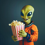 Smiling alien in orange space suit holding popcorn against dark background
