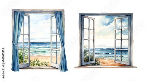 Window overlooking the sea, watercolor clipart illustration with isolated background.