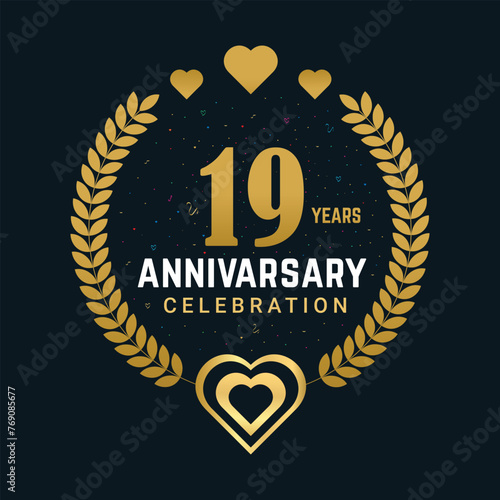 19 Years Anniversary celebration vector design, celebrating golden color numbers and elements 19 years Anniversary design.