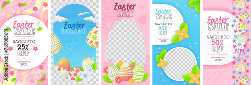 Easter sale story template kit. Spring colorful pink and blue background with space for photo.Stock vector illustration in cartoon style.
