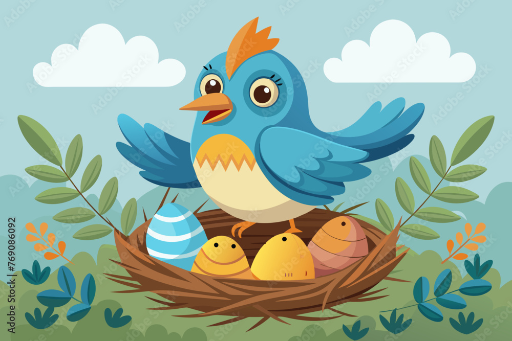 Cheerful Bird Guarding Nest Eggs