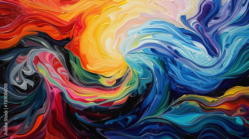 Energetic swirls of bright hues bursting forth from the canvas, exuding a sense of vitality and movement.