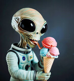 Alien in space suit tasting a triple scoop ice cream cone