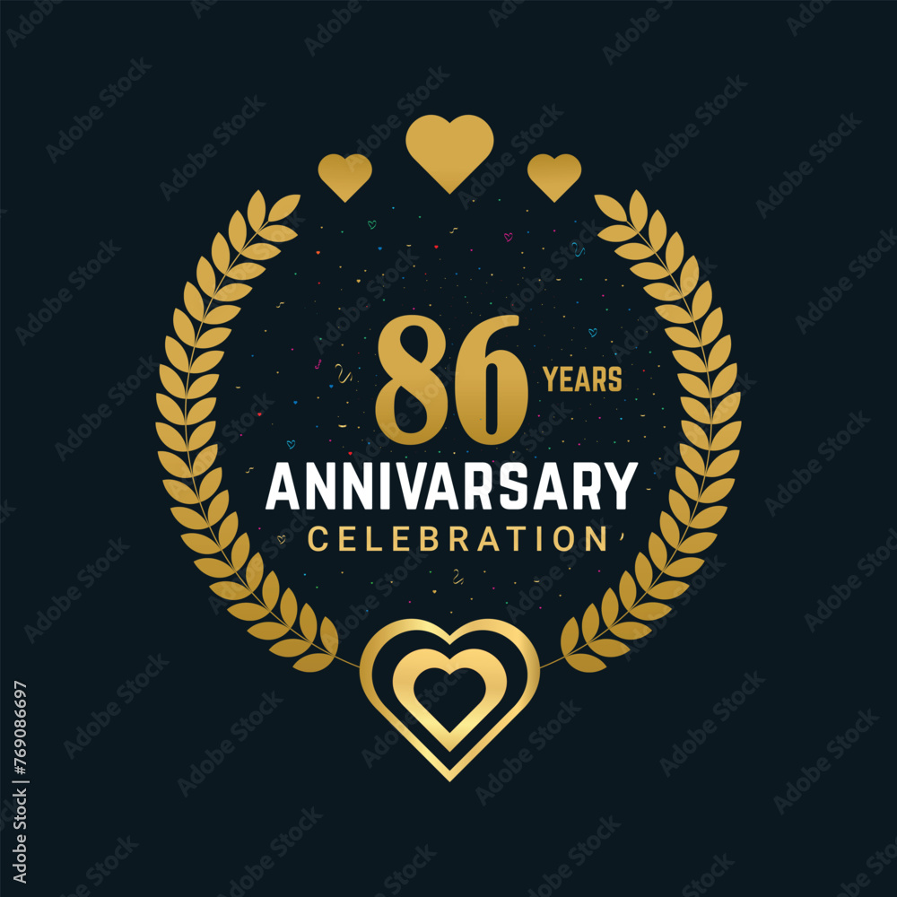 86 Years Anniversary celebration vector design, celebrating golden color numbers and elements 86 years Anniversary design. 86 Years Anniversary celebration vector design, celebrating golden color numbers and elements 86 years Anniversary design.