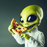 Alien in astronaut outfit biting into a pizza slice over dark background