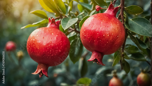 beautiful ripe pomegranate fruit on a branch in the garden nature