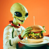 Alien in astronaut suit having his cheeseburger lunch