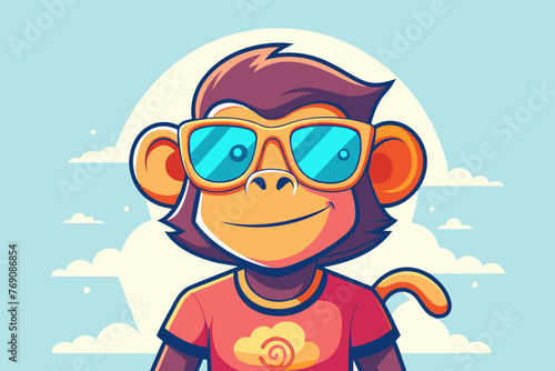 A playful and adorable vector illustration of a monkey wearing oversized sunglasses and a cool t-shirt