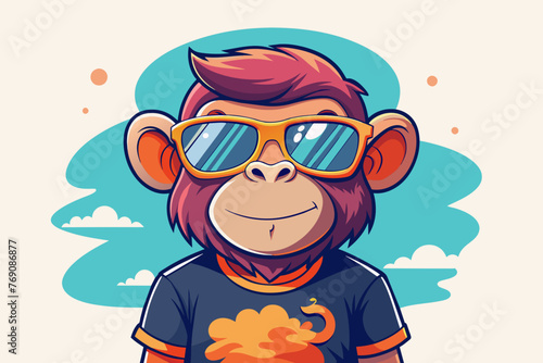 A playful and adorable vector illustration of a monkey wearing oversized sunglasses and a cool t-shirt