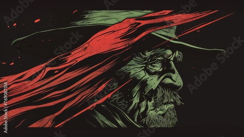 a poster with an old man wearing a hat and holding an unbalanced green flag, in the style of richly detailed art nouveau, black background, tattoo, uniformly staged images