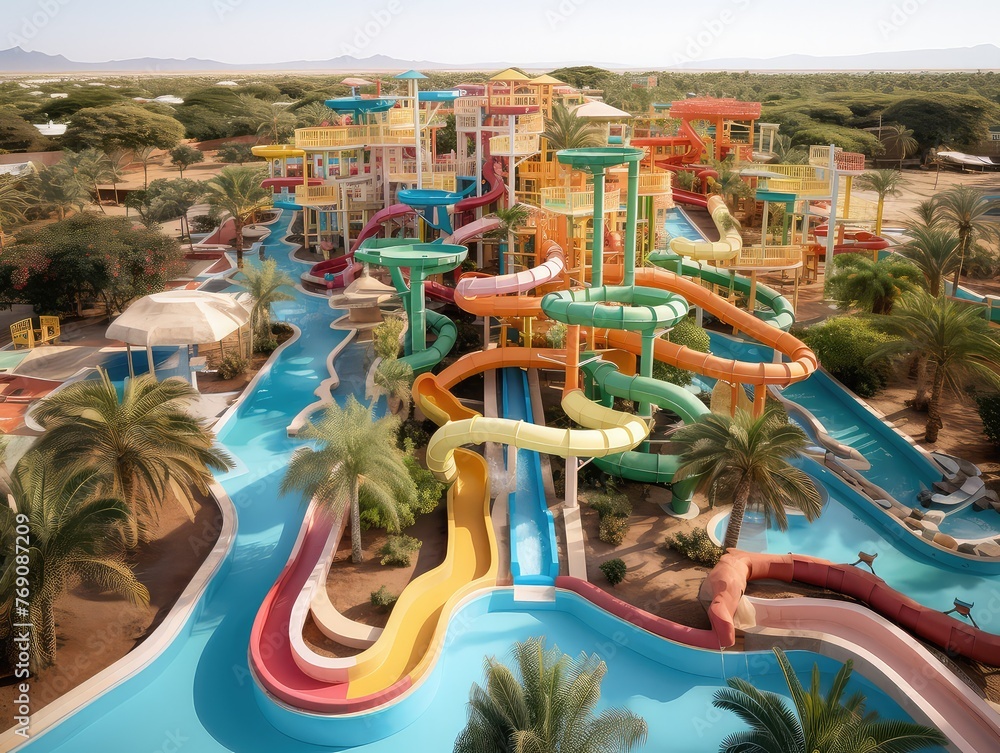 From above, a water park lays silent, like a colorful maze. Empty pools and slides wait for laughter. Each slide a rainbow serpent, pools shimmering like mirrors.