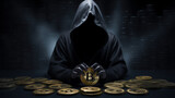 Hooded figure holding a Bitcoin with virtual currency coins on table