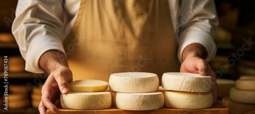 A man holds a head of Kraft cheese. Cheese production. Farming. For educational purposes, culinary websites, food industry marketing, and articles about cheese-making. 