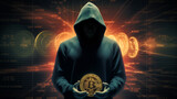 Hooded figure holding a Bitcoin against cryptocurrency background
