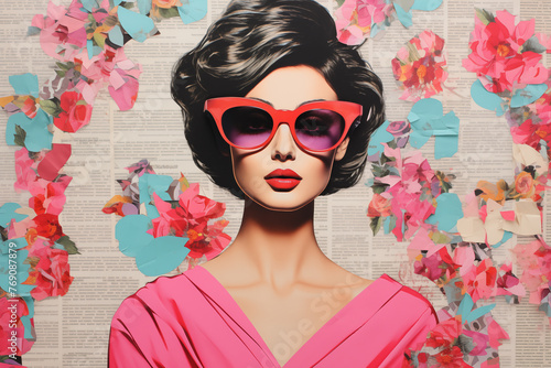 lady with fashionable glasses, a modern collage of a portrait of a young woman and clippings from a magazine.