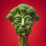 Broccoli face food art on a red background